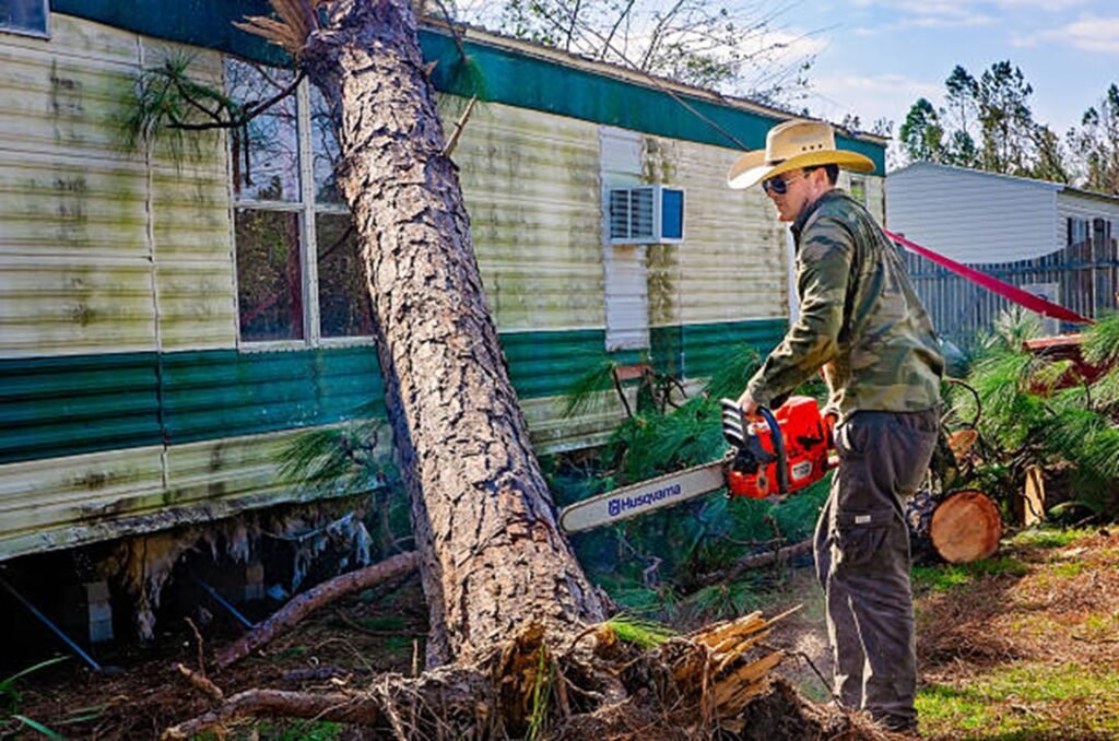 Storm-damaged tree leaning against a residential home before emergency tree removal service in Florissant, MO.