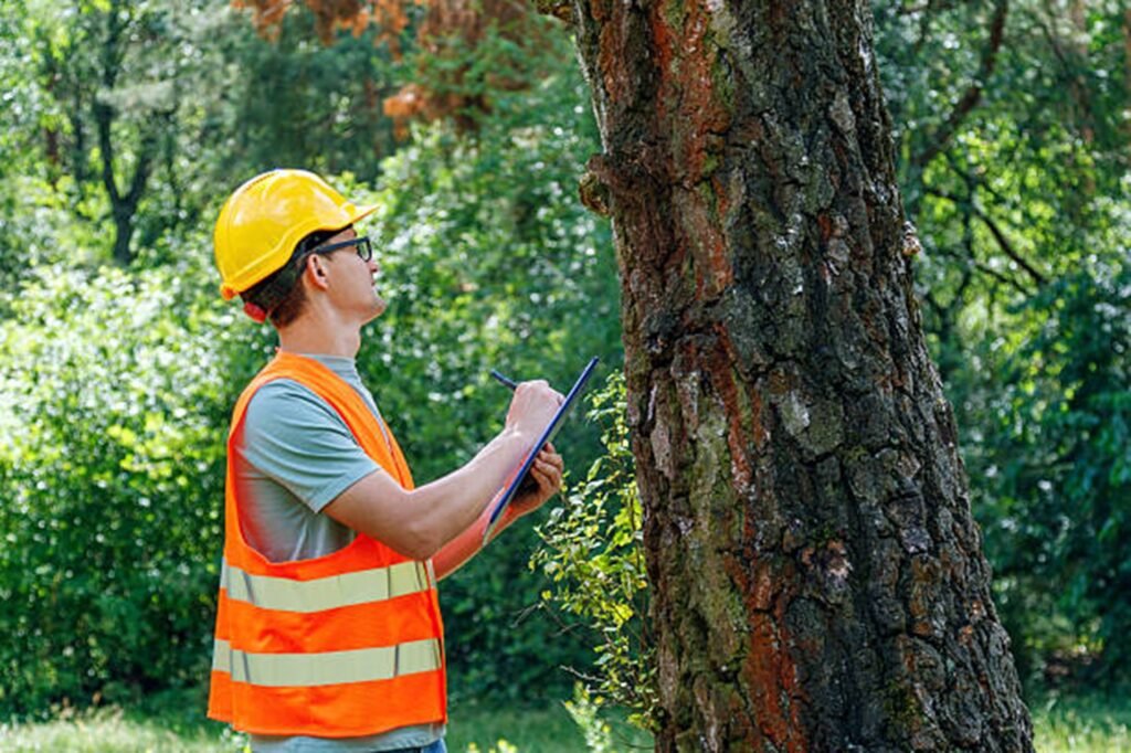 Certified arborist inspecting a storm-damaged tree to evaluate safety risks and recommend professional tree care services in Florissant, MO.