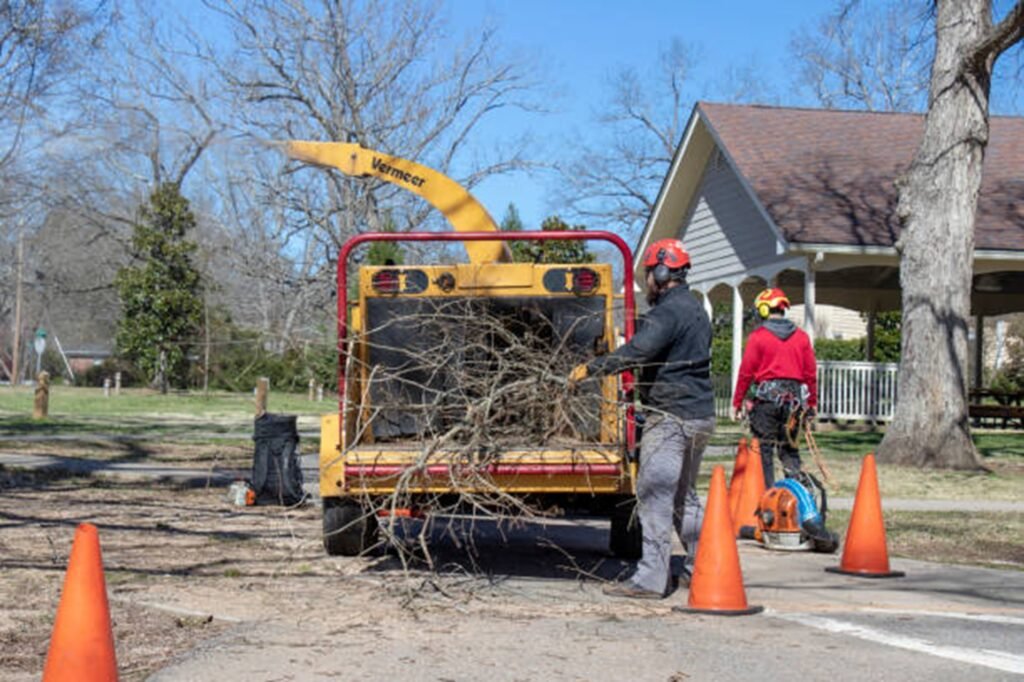 Florissant Tree Service crew loading tree branches into a wood chipper after completing a residential tree service project in Florissant, MO.