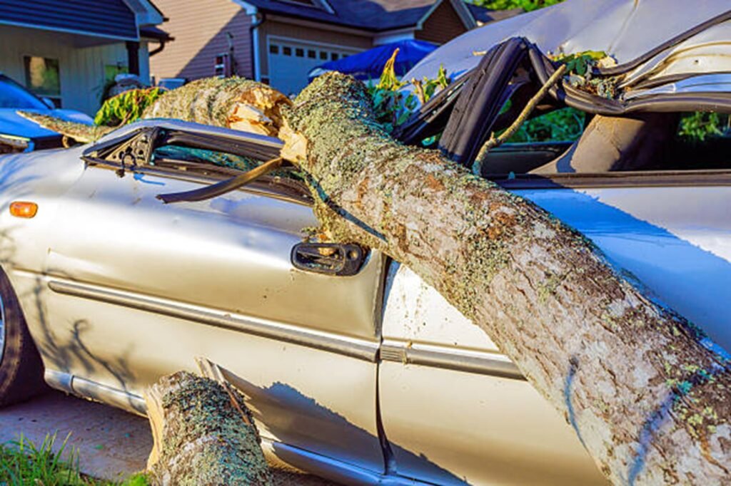 Large fallen tree crushing a parked vehicle after a severe storm, highlighting the need for professional storm damage cleanup in Florissant, MO.